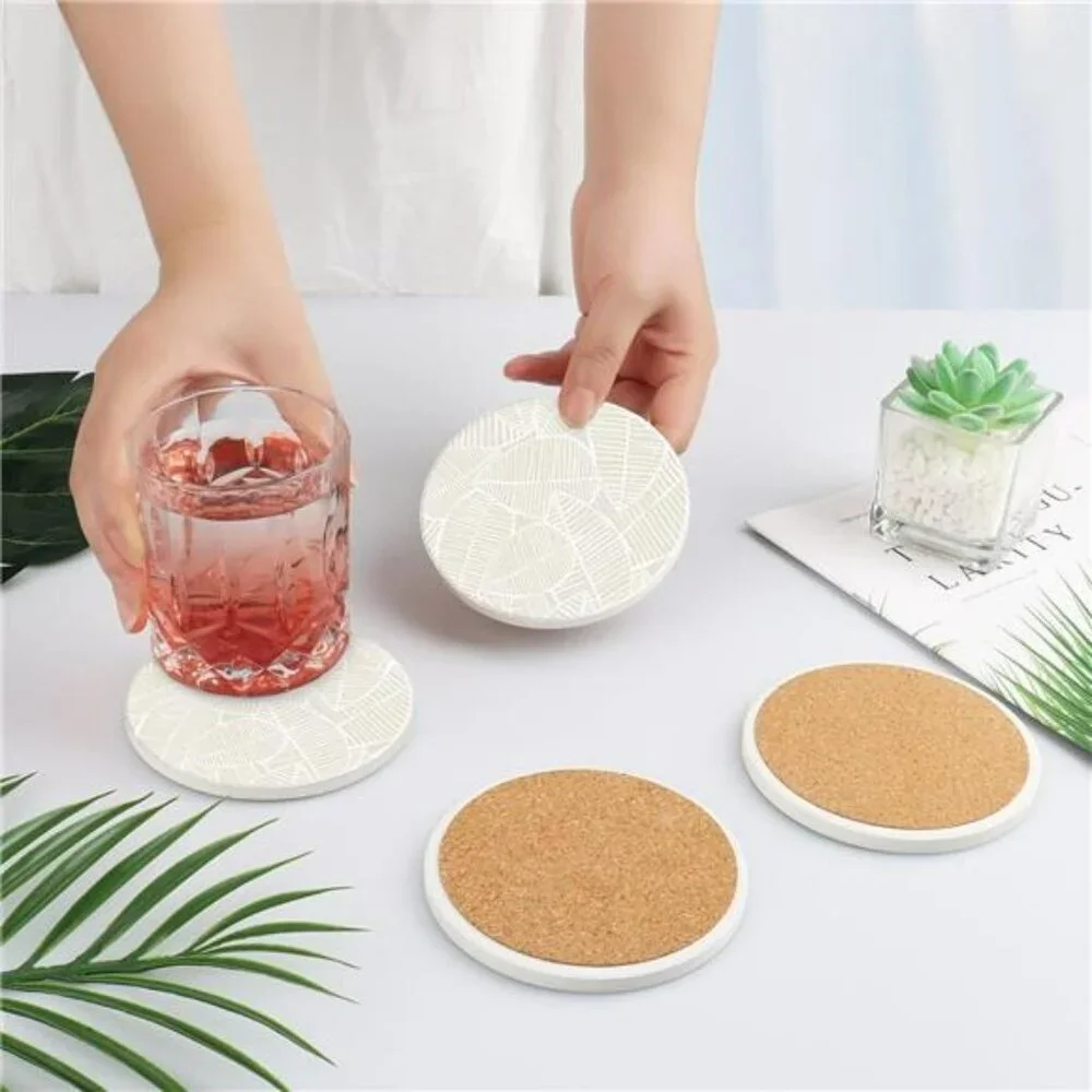 Ceramic drink coasters set of 2 absorbent marble leaf cork back coffee table dec